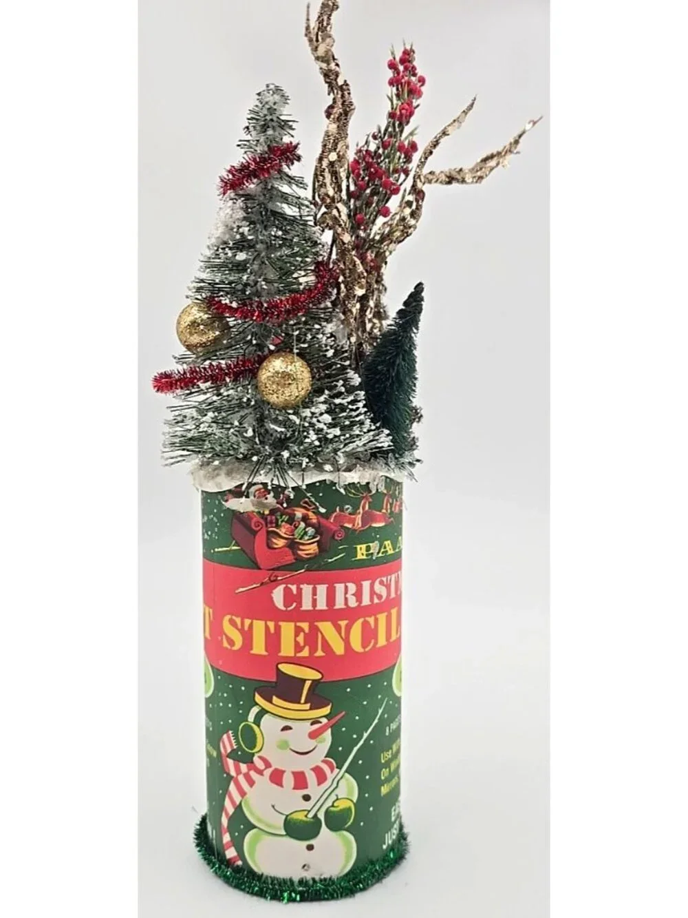 OOAK Christmas Assemblage Art Vtg Kitsch Bottle Brush Tree Santa Mica Handmade
